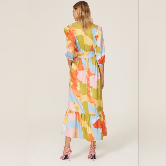 Donna Morgan Blue Citrone Multi Color 3/4 Puff Sleeve Ruffle Hem Maxi Dress - Picture 2 of 6